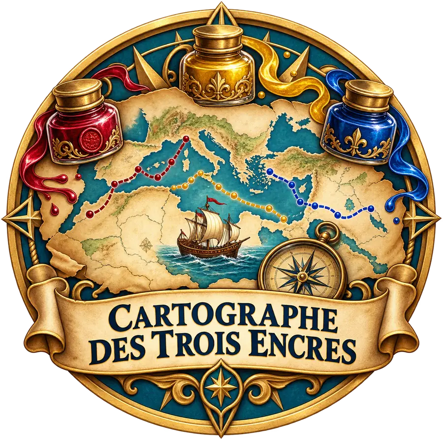 Badge Cartographe des trois encres montrant une carte méditerranéenne, un navire, une boussole et trois encriers colorés.