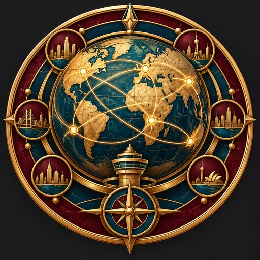 Médaillon montrant un globe, six nœuds métropolitains, une tour de contrôle et des lignes de connexion.