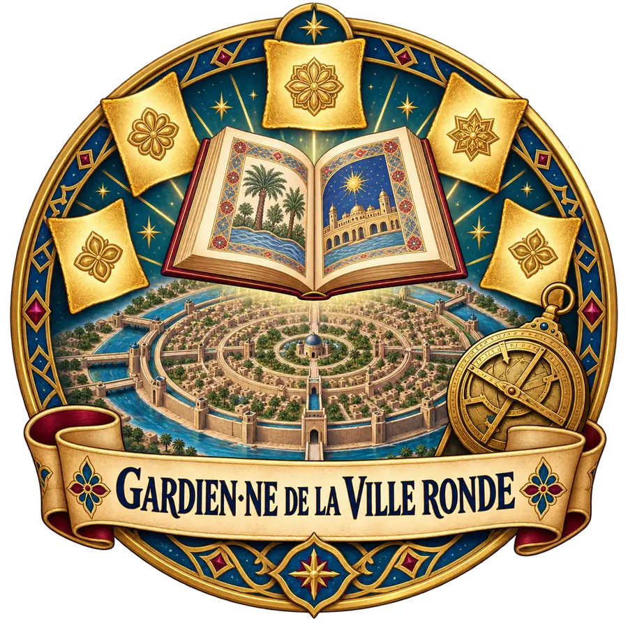 Badge Gardien·ne de la Ville ronde montrant un manuscrit, cinq feuillets, un astrolabe et le plan circulaire de Bagdad.