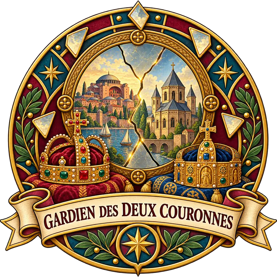 Badge Gardien des deux couronnes montrant un miroir restauré entre Constantinople et Aix-la-Chapelle.