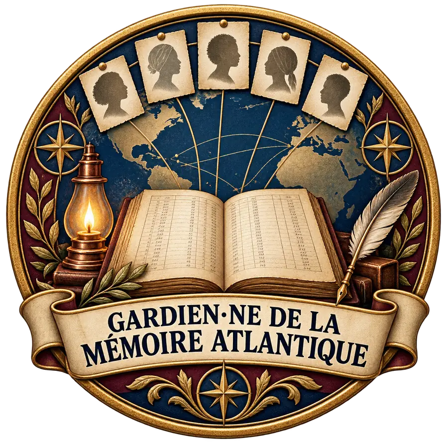 Badge Gardien·ne de la mémoire atlantique montrant un registre, cinq portraits symboliques, une carte et une lampe de mémoire.