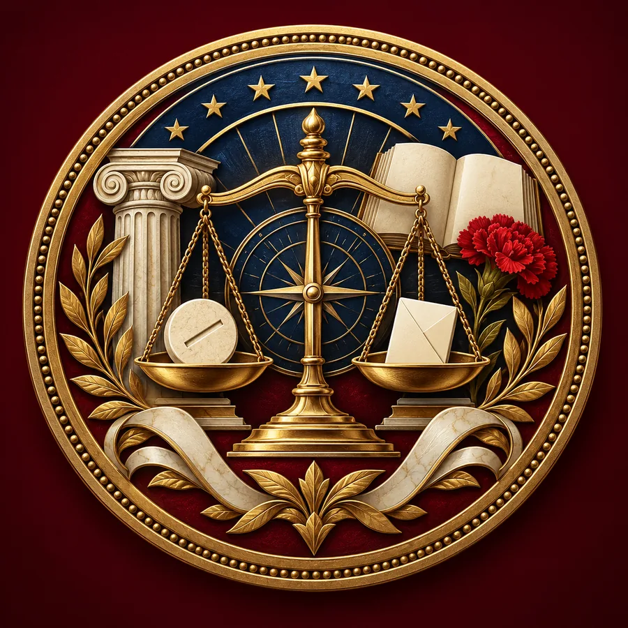 Médaillon montrant une balance entre un jeton de vote et un bulletin, entourée d’un livre, d’une colonne, d’un œillet et d’étoiles.