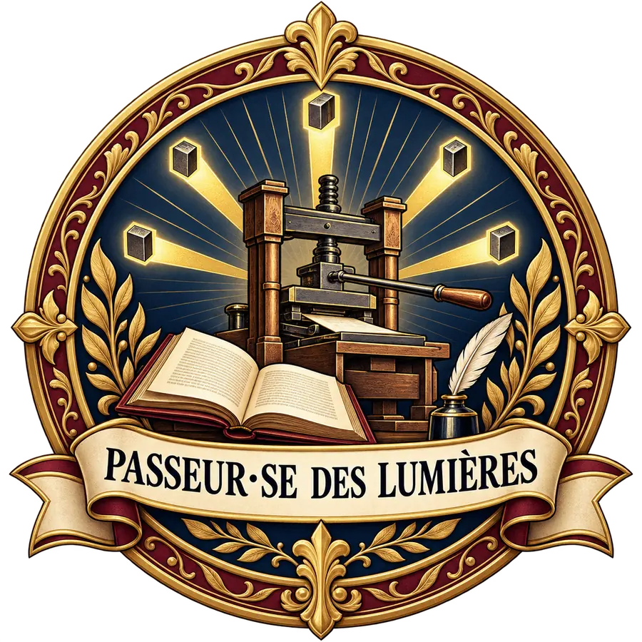 Badge Passeur·se des Lumières montrant une presse, un livre, une plume et cinq caractères rayonnants.